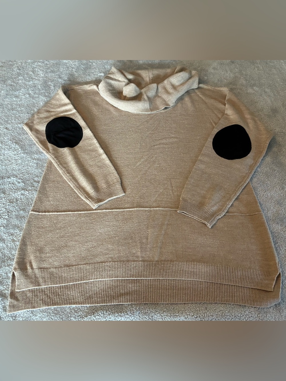 Women’s Cozy Beige Cowl Neck Sweater with Black Elbow Patches Size Large